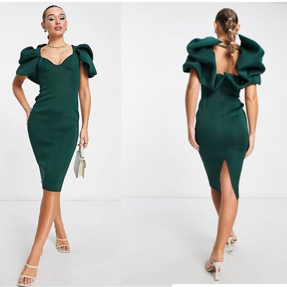ASOS Dresses & Skirts - ASOS Design dark green puff balloon sleeve scuba V-neck bodycon cocktail dress 6